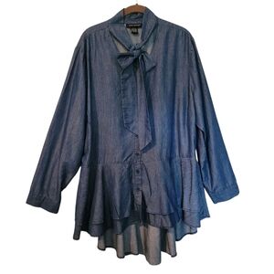 Ashley Stewart Blue Chambray V-neck Bow Tie Button-up Peplum Blouse Top Wmns 18